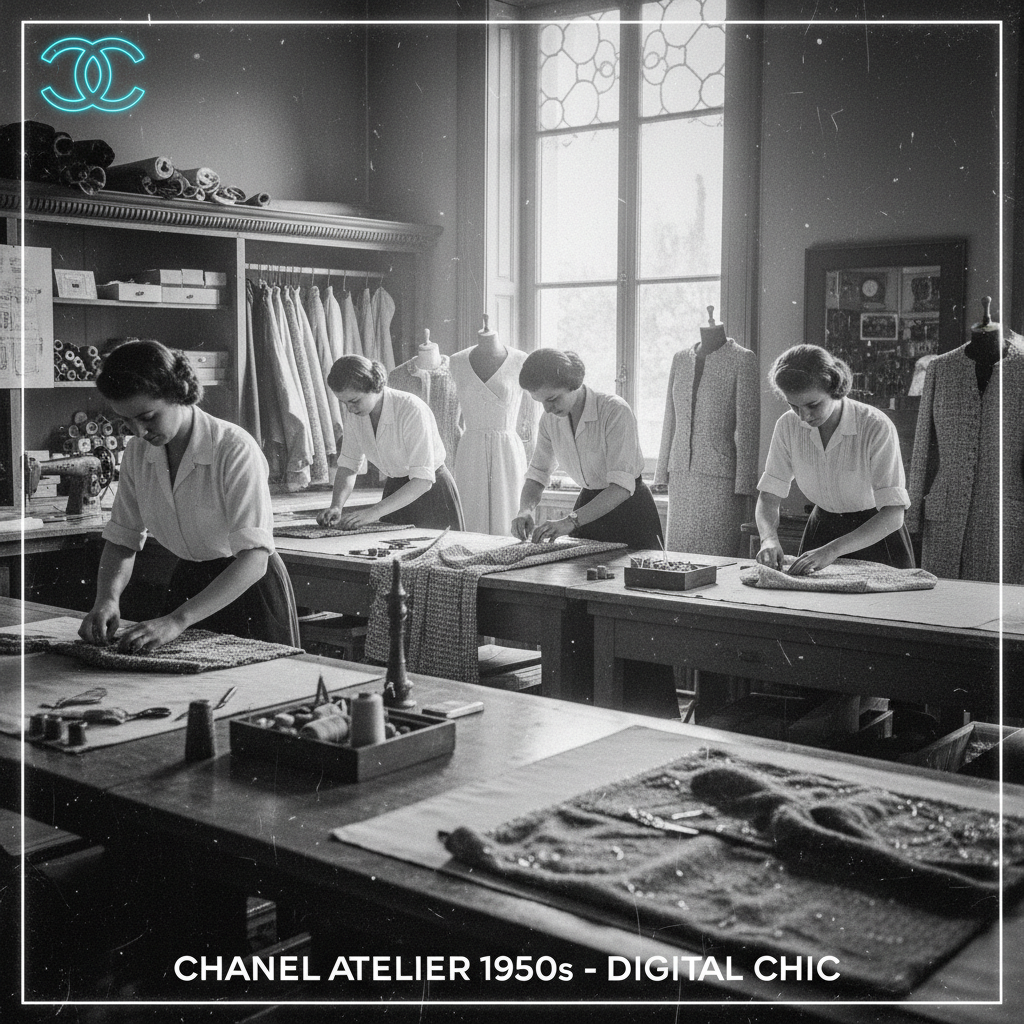 Историческая фотография ателье Chanel 1950-х годов, демонстрирующая кропотливую ручную работу