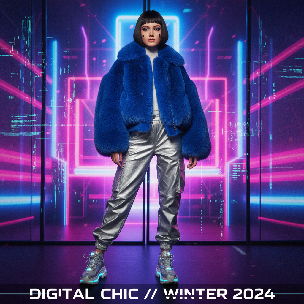 Модель в очень объемной куртке-бомбере из искусственного меха яркого синего цвета.