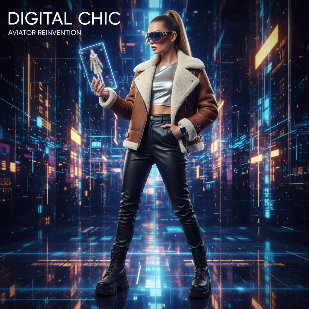 Модель в коричневой дубленке-авиаторе с белым мехом