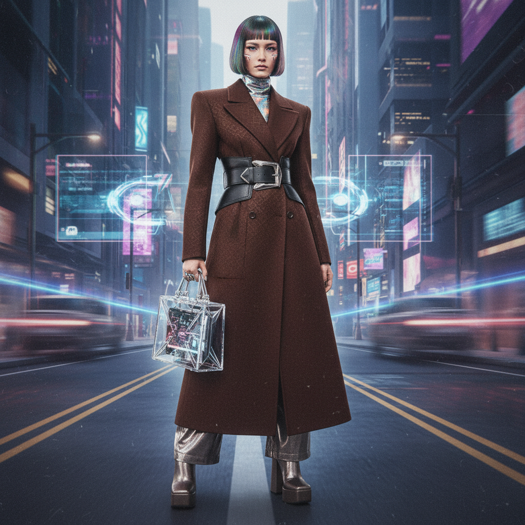 Модель в очень длинном, структурном двубортном пальто цвета горького шоколада, стилизованном с широким кожаным ремнем.