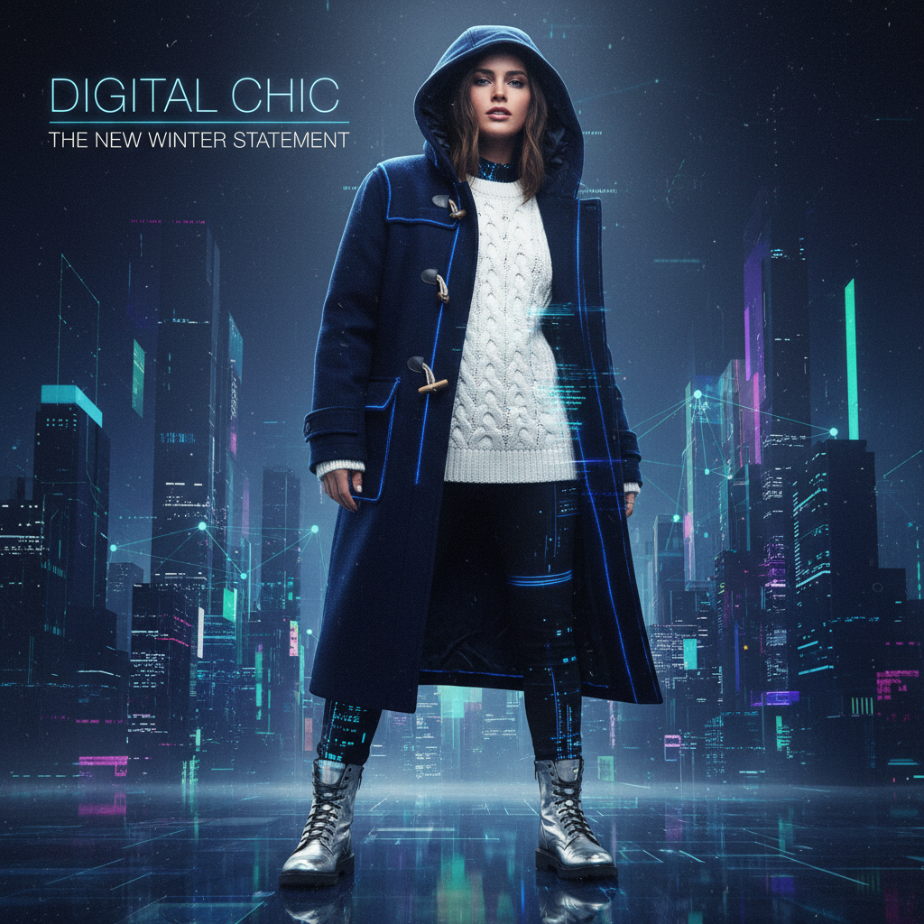 Классический темно-синий дафлкот с капюшоном, надетое поверх белого свитера крупной вязки.