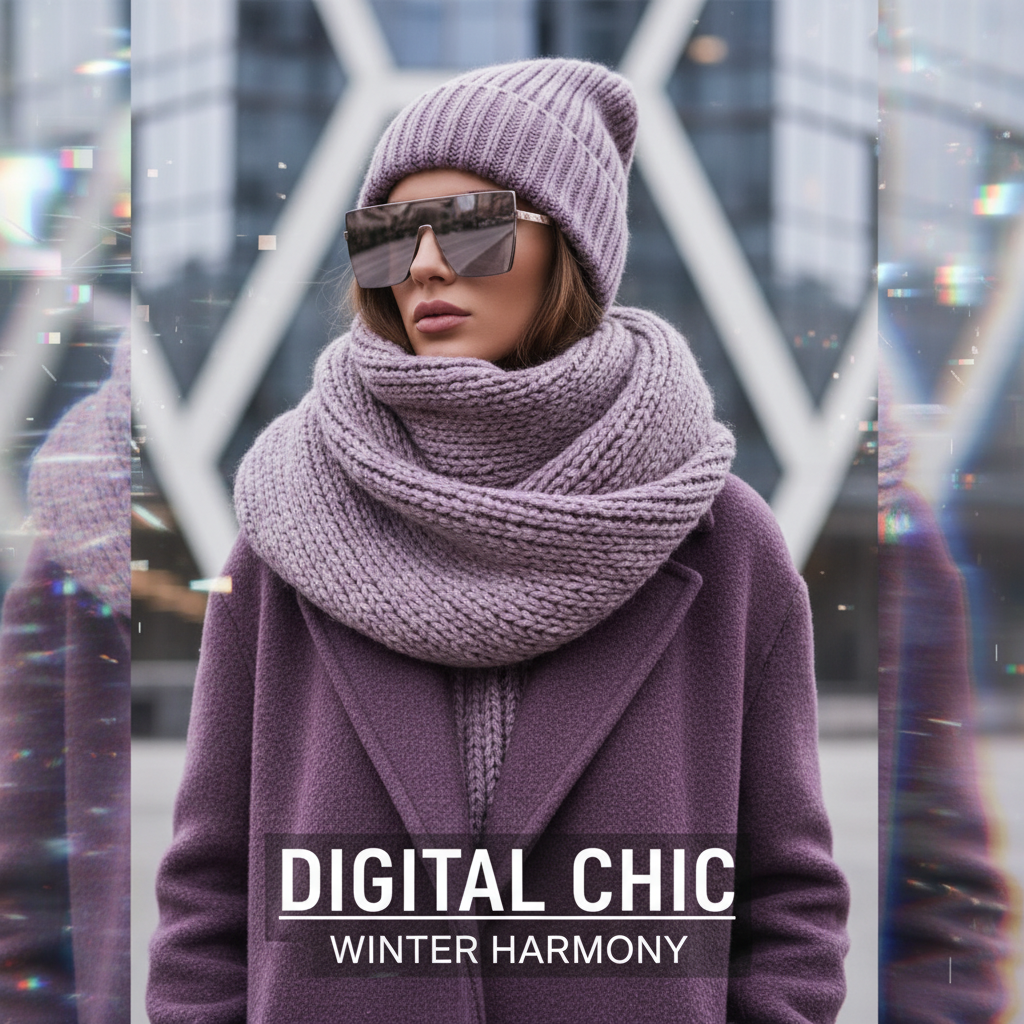 Крупный вязаный шарф и шапка, гармонирующие с цветом пальто