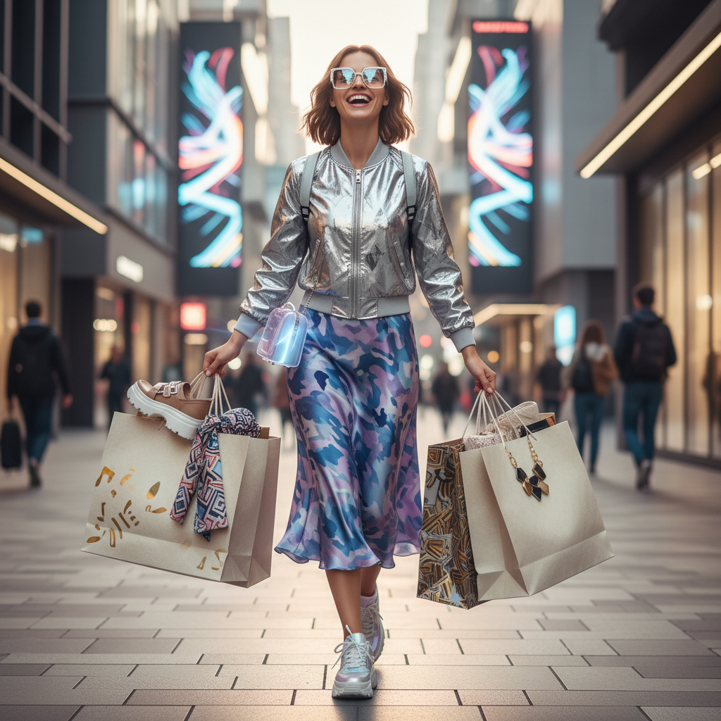 Счастливая покупательница с несколькими стильными, но доступными покупками