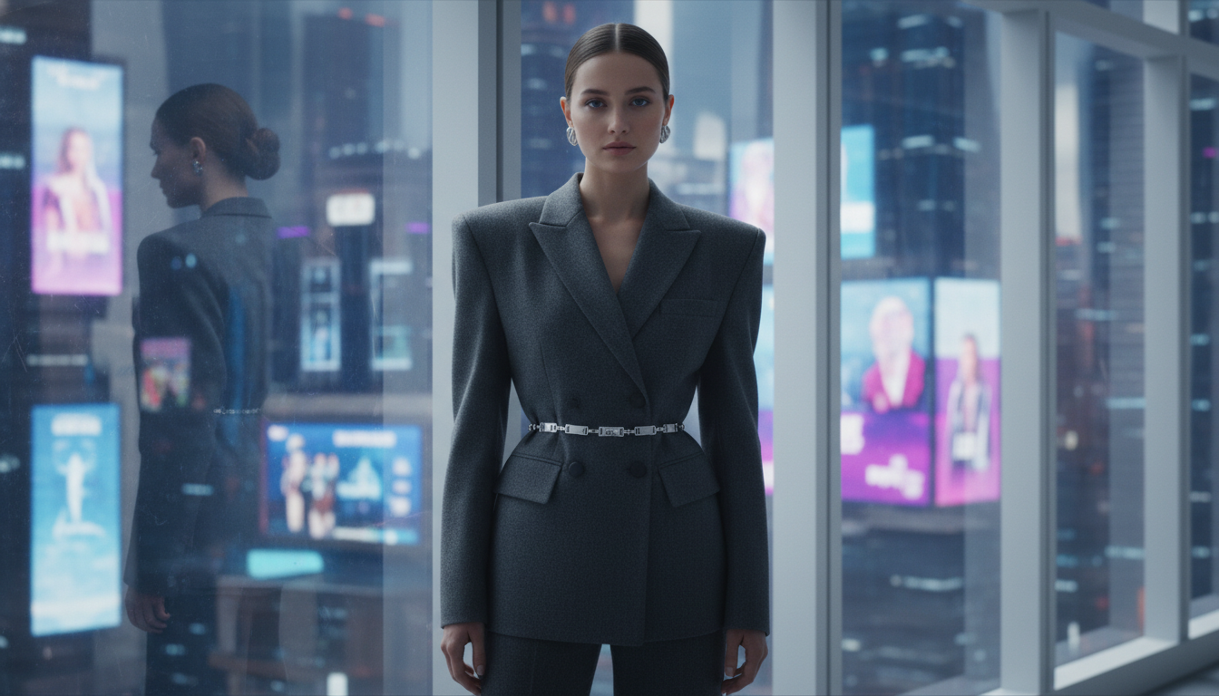 Калугина, стоящая у окна в строгом шерстяном костюме, демонстрирующая идеальную линию плеч