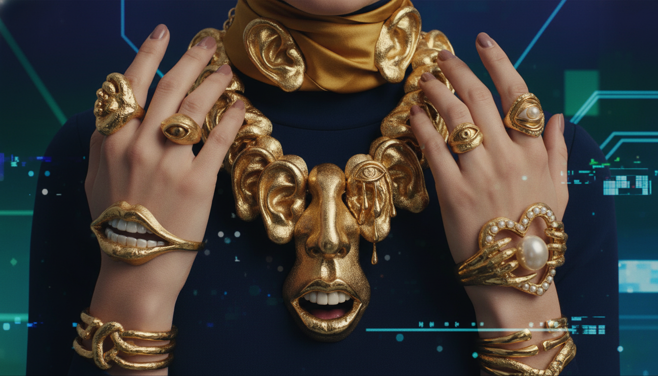 Крупный план на сюрреалистические золотые украшения Schiaparelli в виде частей тела.