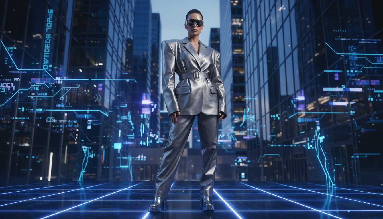 Женщина в широком брючном костюме с акцентом на плечи