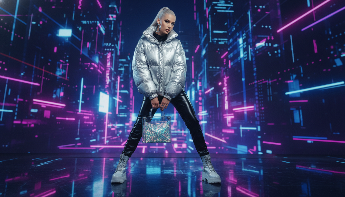 Модель в объемном серебристом пуховике