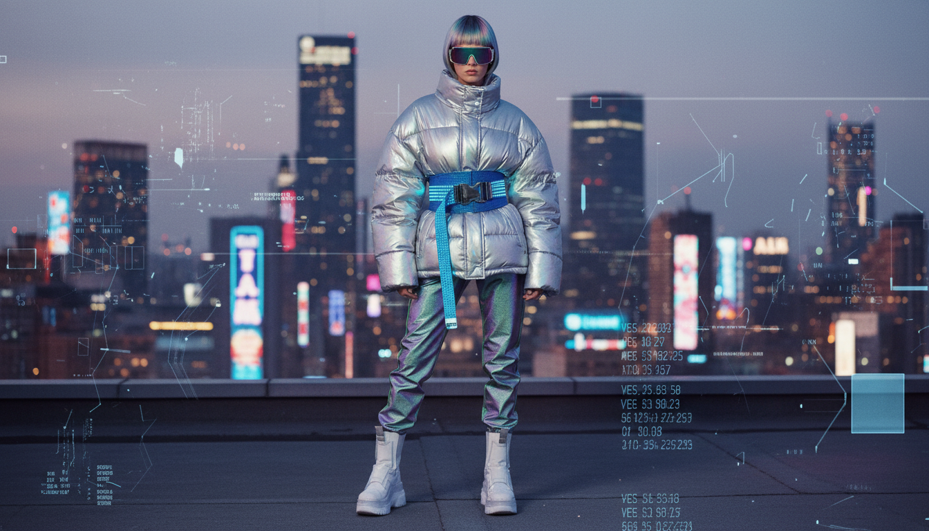 Модель в пуховике, перехваченном контрастным широким ремнем