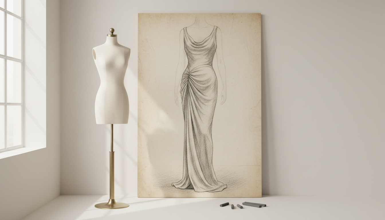 Эскиз платья Мадлен Вионне, демонстрирующий крой по косой и идеальную драпировку