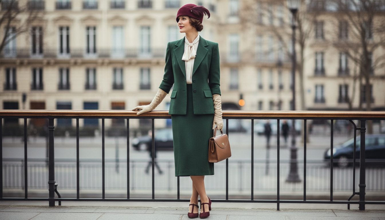 Женщина в дневном костюме 1930-х годов с маленькой шляпкой и перчатками