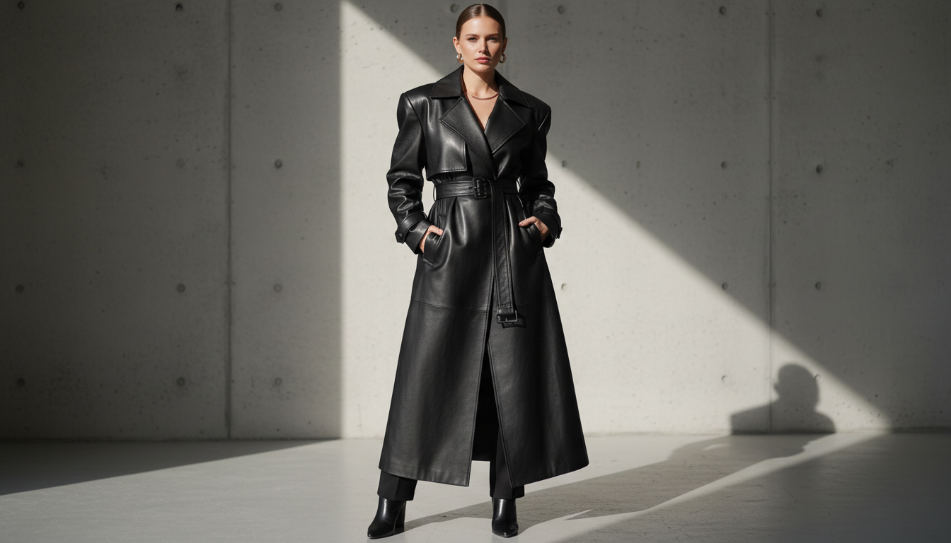 Образ в черном длинном кожаном тренче с широкими плечами