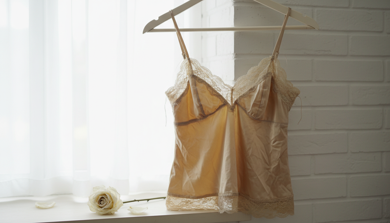 Устаревший атласный топ с кружевом и тонкой бретелькой