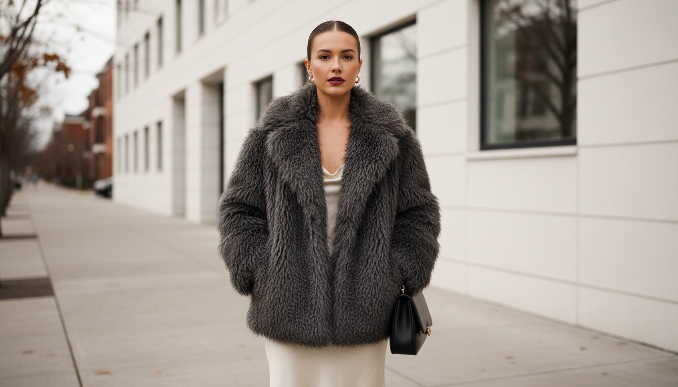 Женщина в стильной плотной шубе из эко-меха с глубоким ворсом