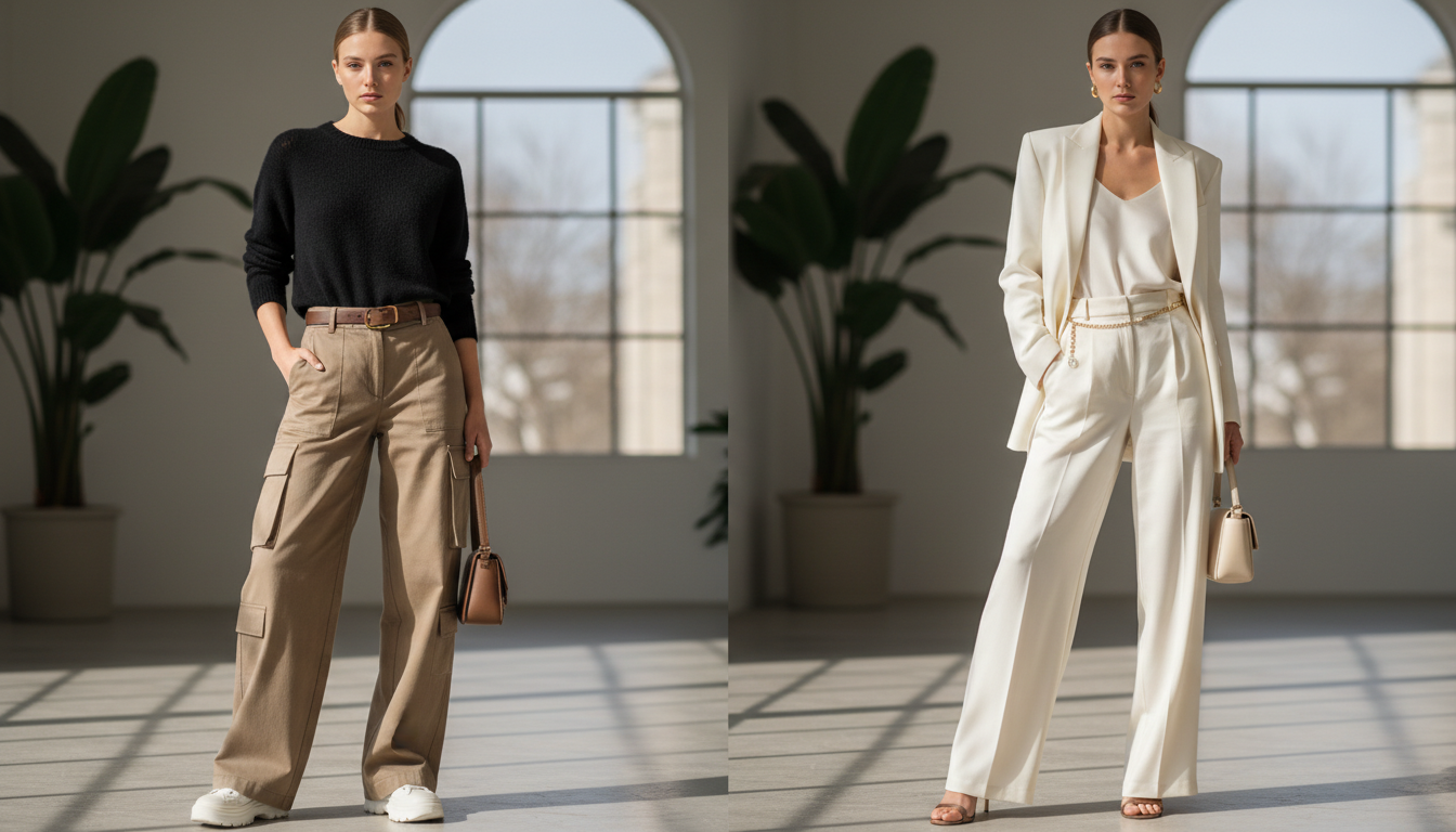 Сравнение широких брюк карго и классических палаццо