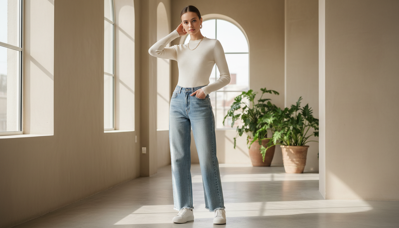 Девушка в широких джинсах и облегающем трикотажном топе