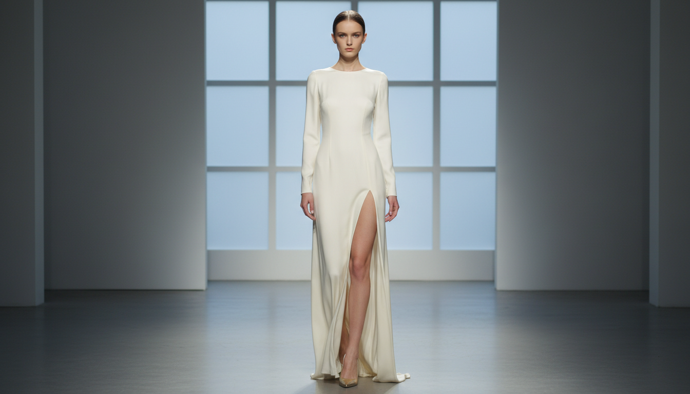 Модель в закрытом спереди платье, но с глубоким разрезом, показывающим ногу