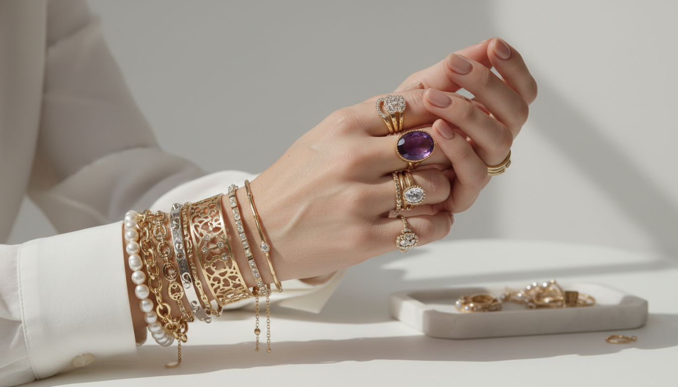 Аксессуары в стиле 'more is more' – множество браслетов и колец