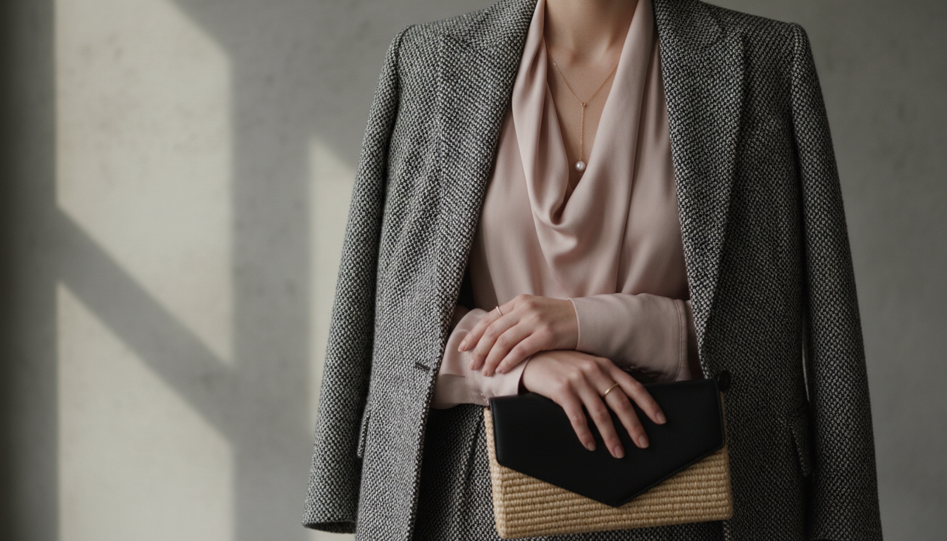 Стилизованный образ с контрастными текстурами: твид и шелк