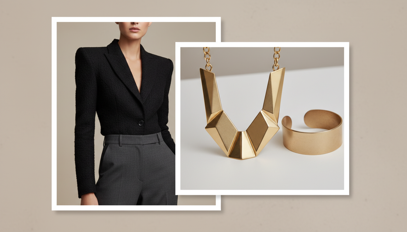 Стильный коллаж, демонстрирующий сочетание острого плеча и крупного аксессуара