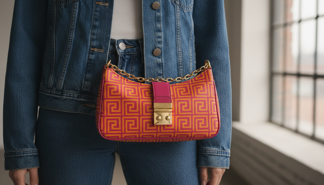 Яркая сумка-багет с повторяющимся узором логотипа на фоне простого джинсового комплекта