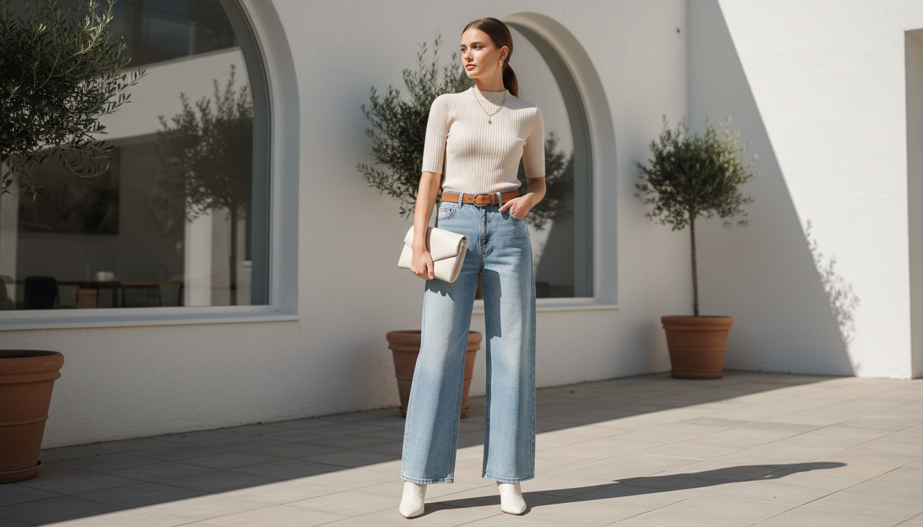 Девушка в джинсах-палаццо из светлого денима с высокой талией