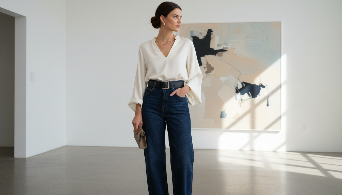 Модель в джинсах-бочках с ремнем на талии