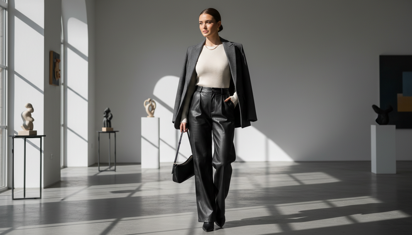 Девушка в широких черных брюках из эко-кожи