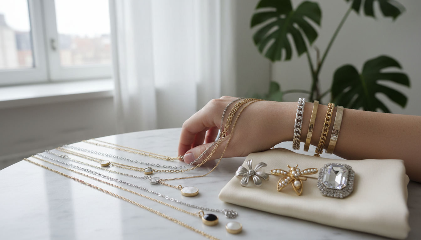 Снимок украшений в стиле 'stacking', многослойные цепи, крупные браслеты и броши.