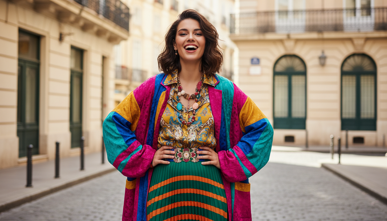 Счастливая девушка в ярком, многослойном наряде, улыбается и демонстрирует уверенность в себе.