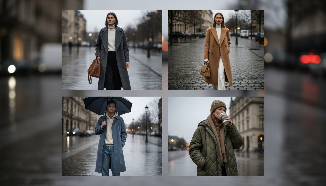 Коллаж из стильных примеров оверсайз-пальто на фоне городской улицы