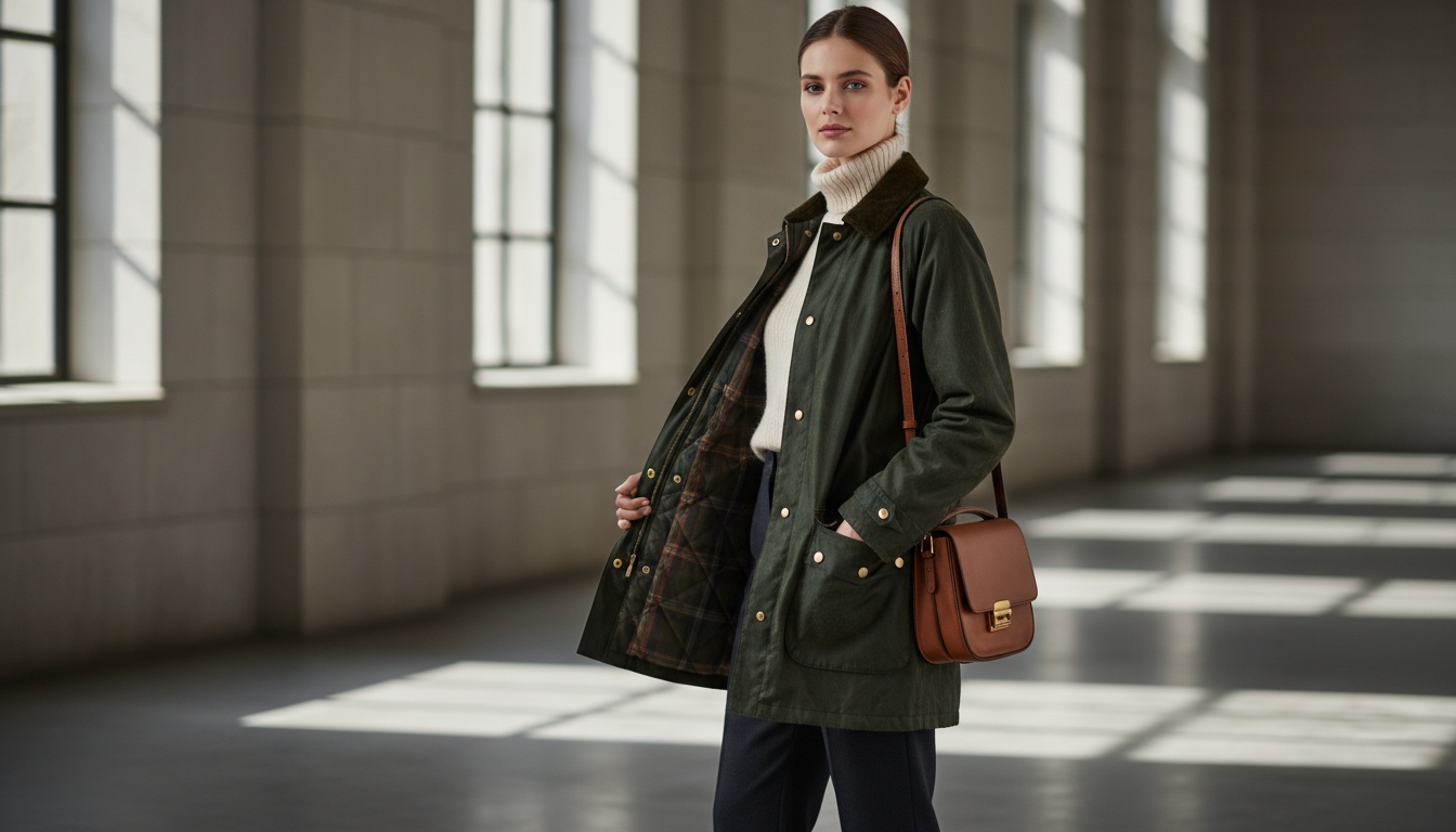 Зеленый вощеный жакет с клетчатой подкладкой и крупными карманами