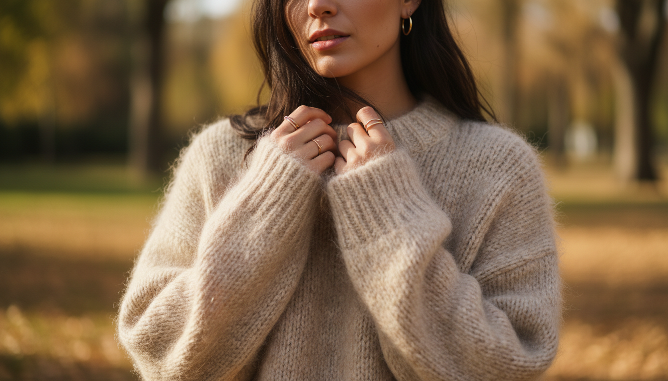Девушка в объемном свитере крупной вязки из мохера, демонстрирующая тактильность