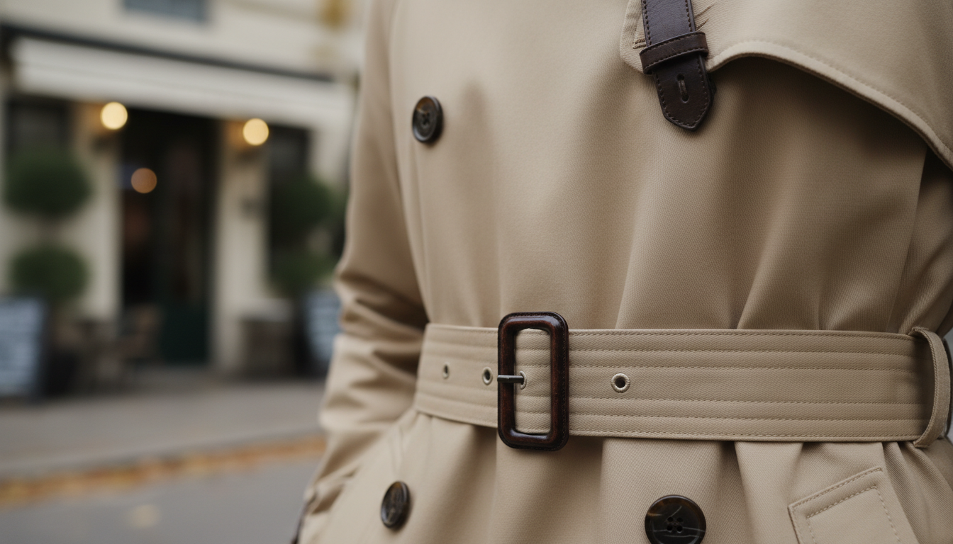 Детали крупным планом: кожаная пряжка на поясе и эполеты классического тренча