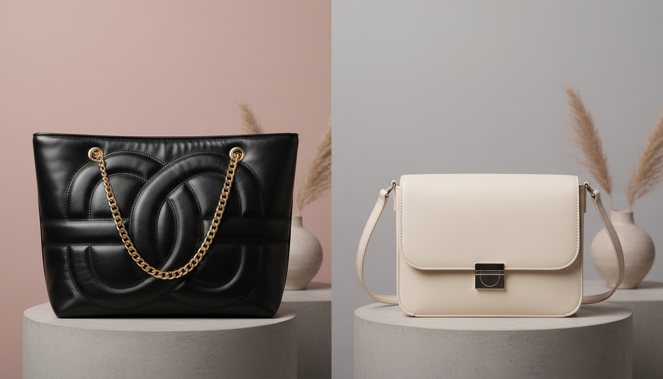 Сравнительное изображение: сумка с огромным логотипом и минималистичная кожаная сумка без опознавательных знаков