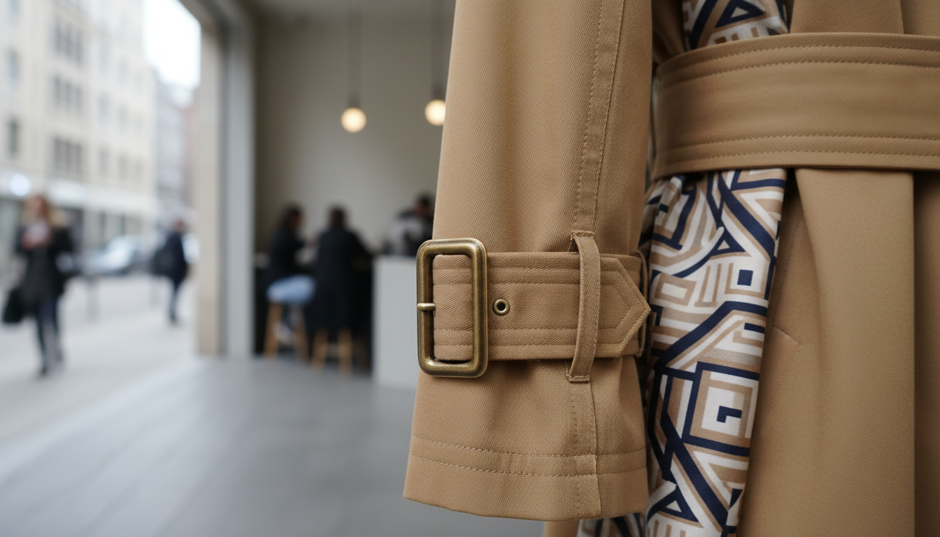 Крупный план на детали качественного тренча: пряжки, швы и подкладка