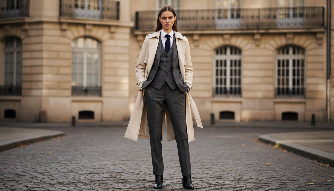 Модель в тренче, надетом поверх костюма-тройки, с поясом, завязанным сзади