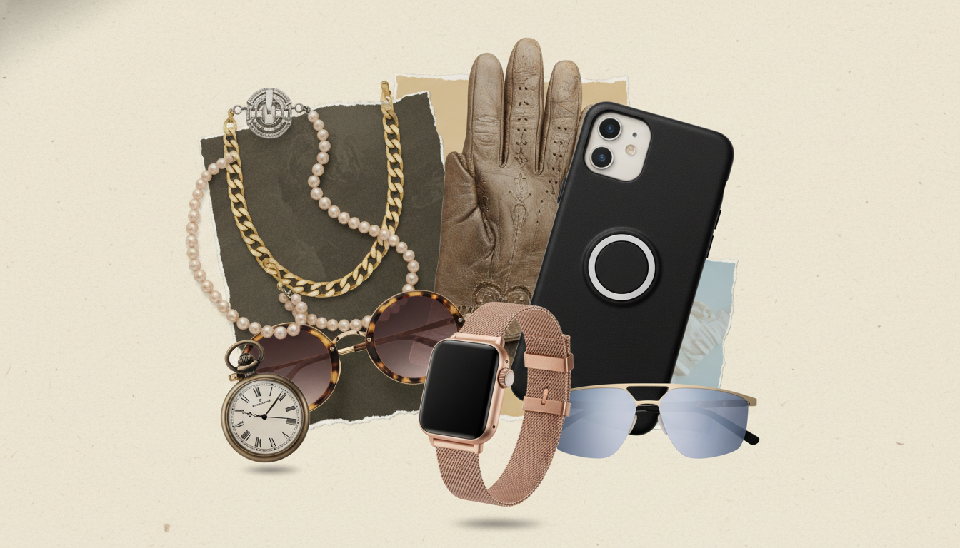 Стилизованный коллаж, демонстрирующий смешение винтажных и современных аксессуаров.