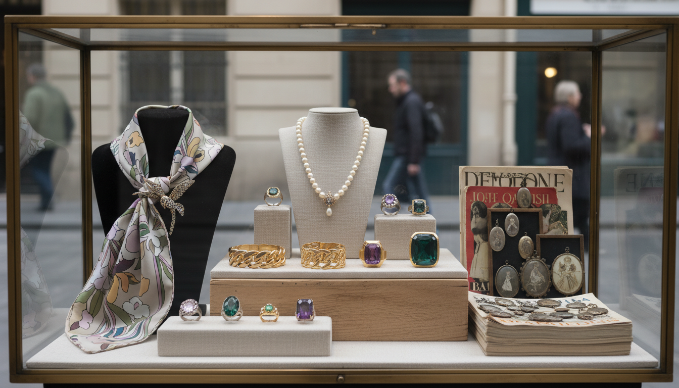 Стилизованная витрина с винтажными дизайнерскими украшениями.