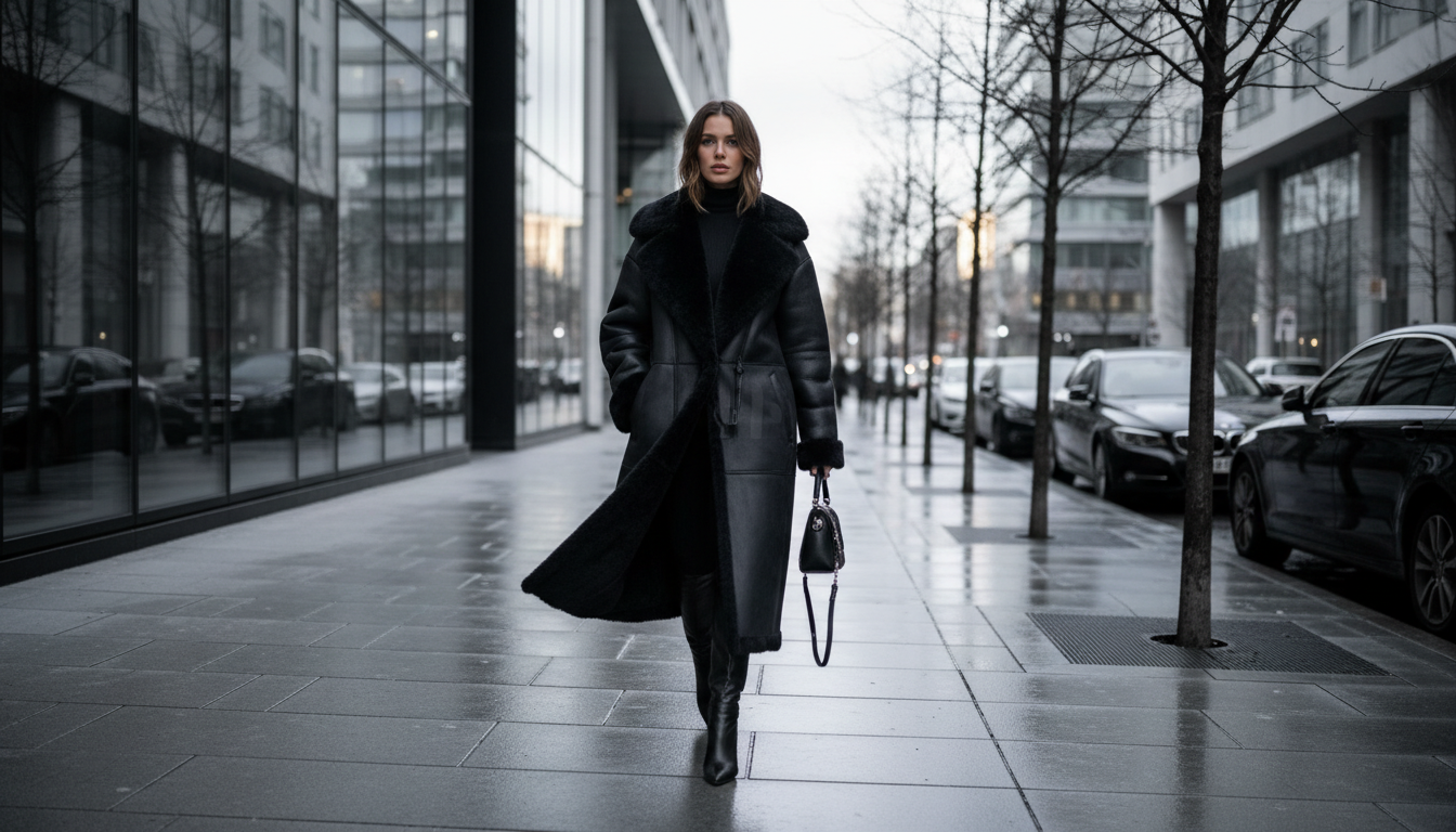 Модель в черной удлиненной дубленке оверсайз, идущая по городскому пейзажу.