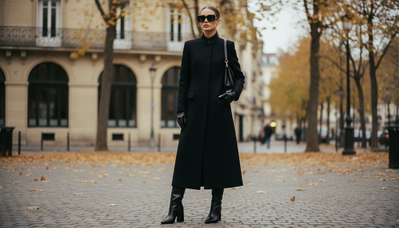Девушка в длинном строгом пальто черного цвета на фоне осеннего города