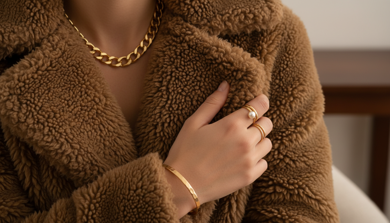 крупный план текстуры шубы Teddy Bear цвета мокко и золотые украшения