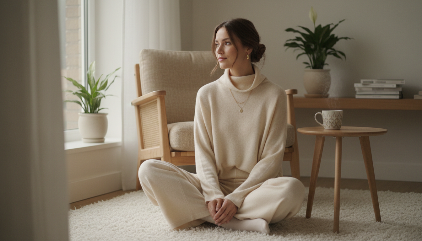 Женщина в уютном домашнем костюме из тонкой шерсти мериноса