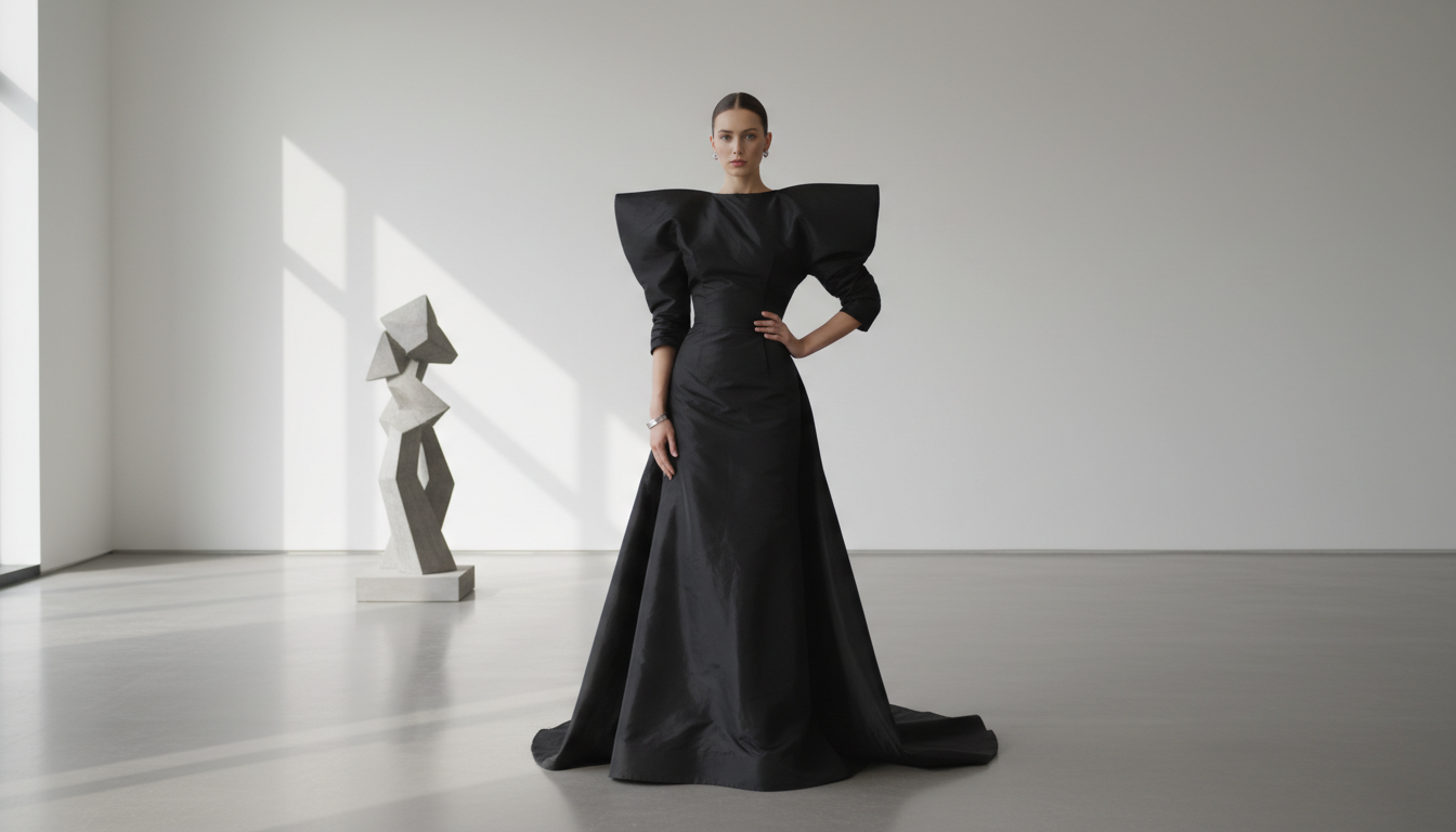 Платье с очень широкими, структурированными плечами из черной тафты.