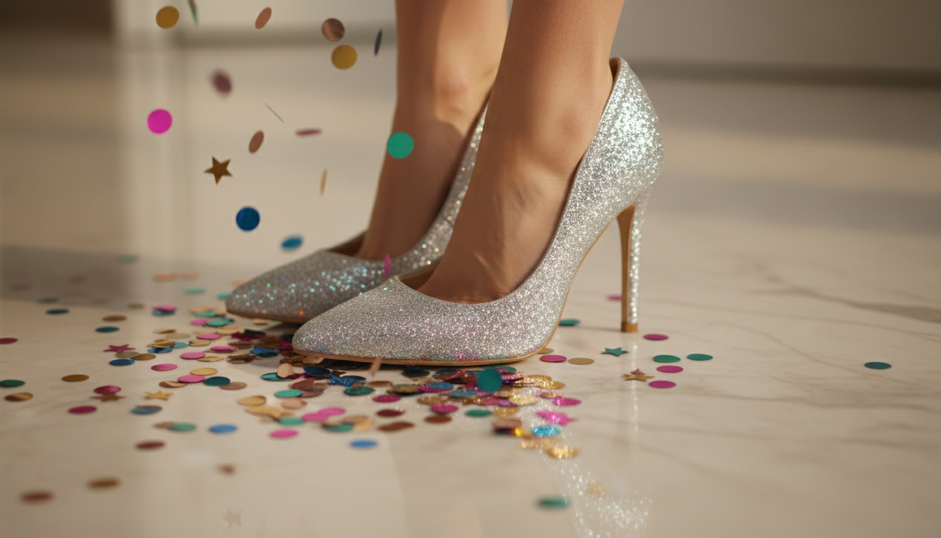 Крупный план блестящих туфель на каблуке, стоящих на конфетти.