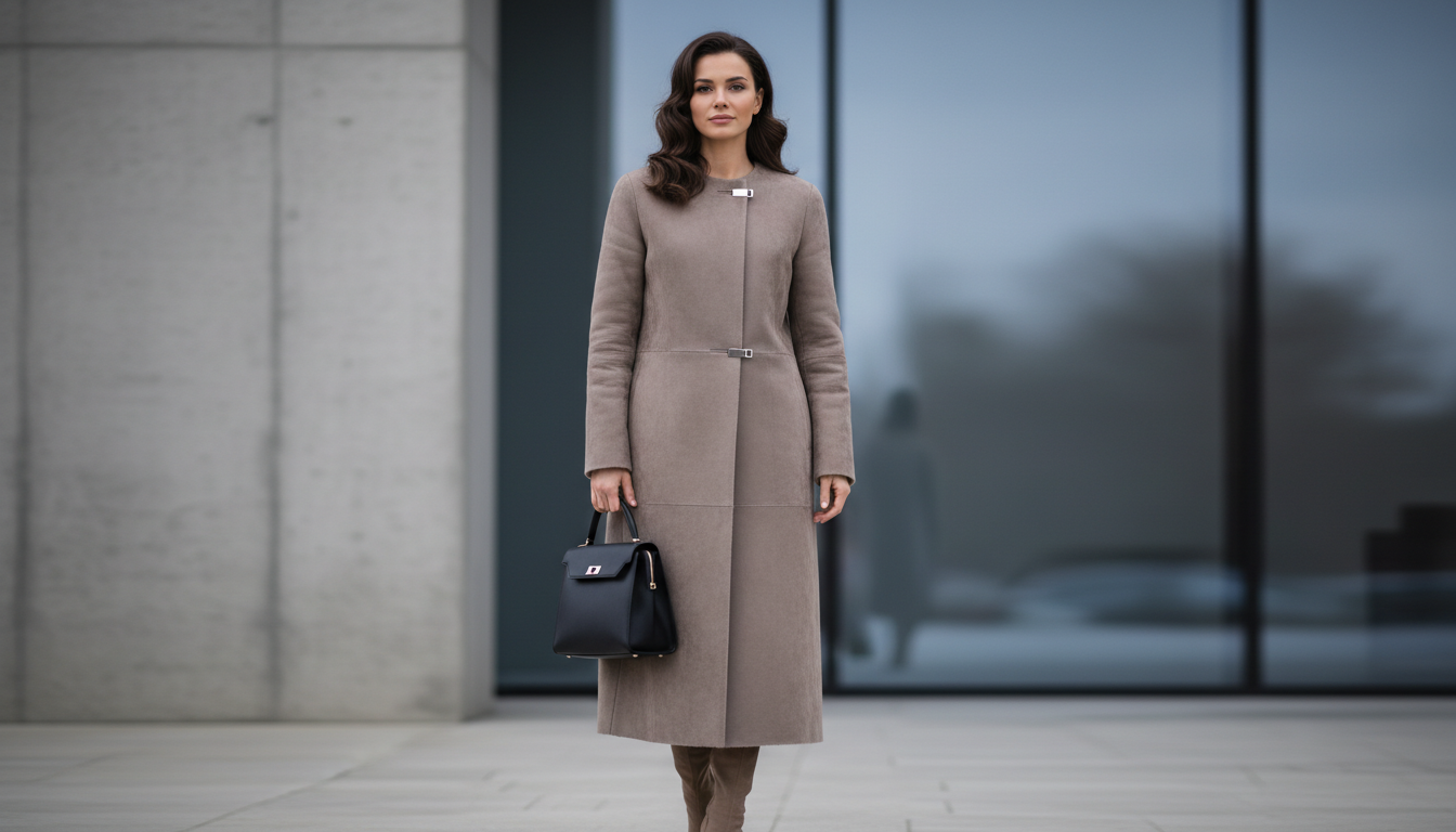 Женщина в длинной дубленке цвета тауп с матовой поверхностью и минималистичной фурнитурой.
