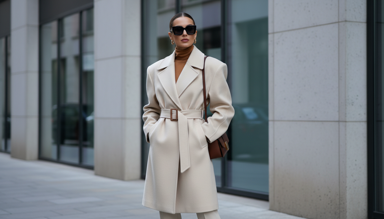 Модель в пальто с акцентированными объемными плечами.