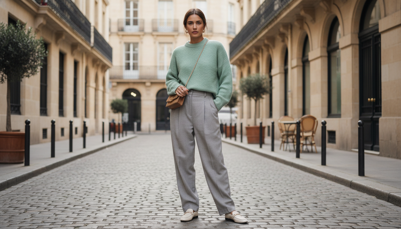 Заключительное фото модели в широких брюках и мятном свитере.
