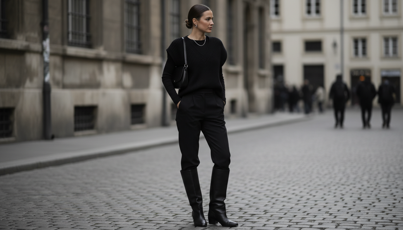 Монохромный образ: черные сапоги-трубы, черные прямые брюки и черный вязаный жилет
