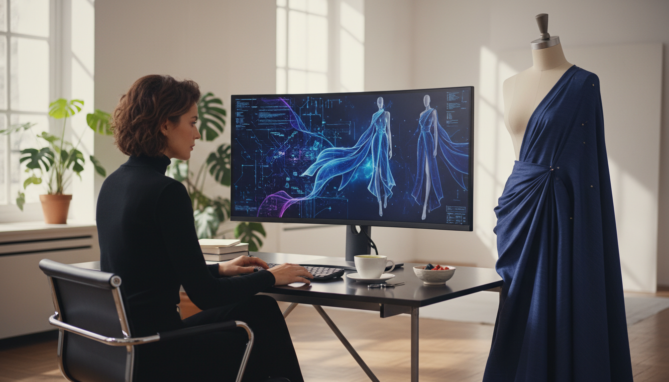 Дизайнер, работающий за компьютером, где на экране видны алгоритмы и эскизы, но рядом стоит реальный манекен с образцом ткани
