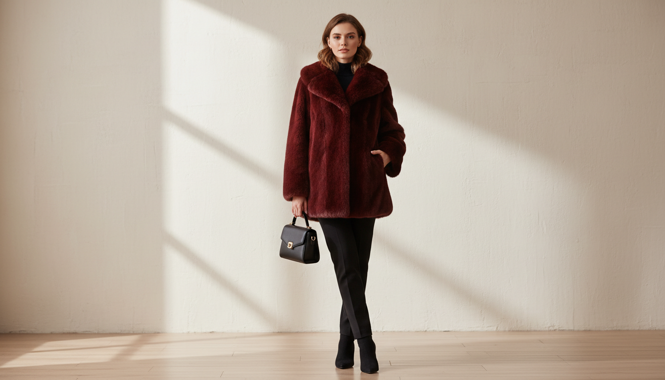 Эко-шуба насыщенного бордового цвета с крупным воротником